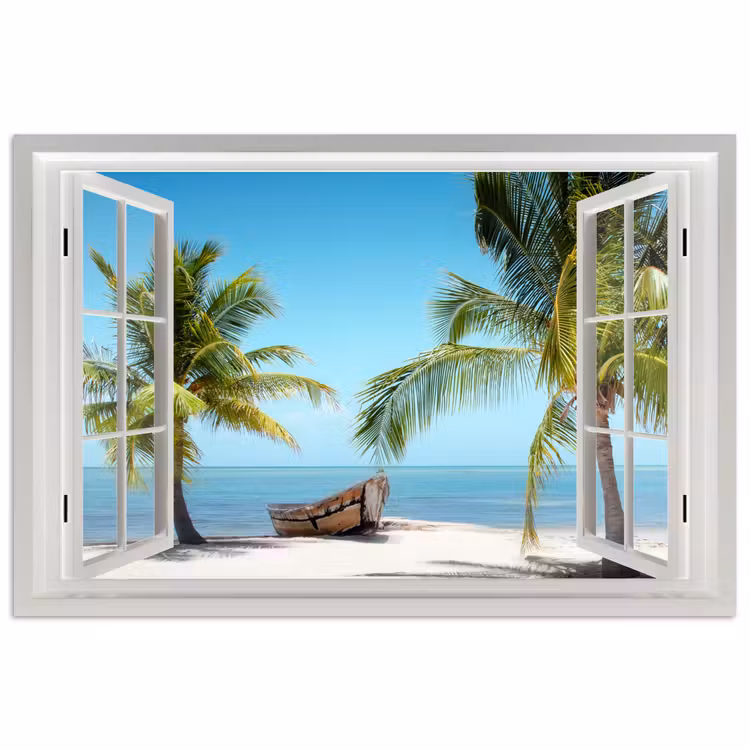 Poster - Doorkijk - Strand - Palmboom - Boot - Tropisch - Zee - Blauw — 1