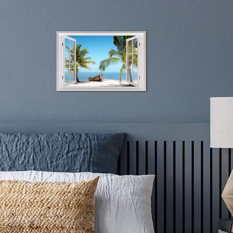 Poster - Doorkijk - Strand - Palmboom - Boot - Tropisch - Zee - Blauw — 3