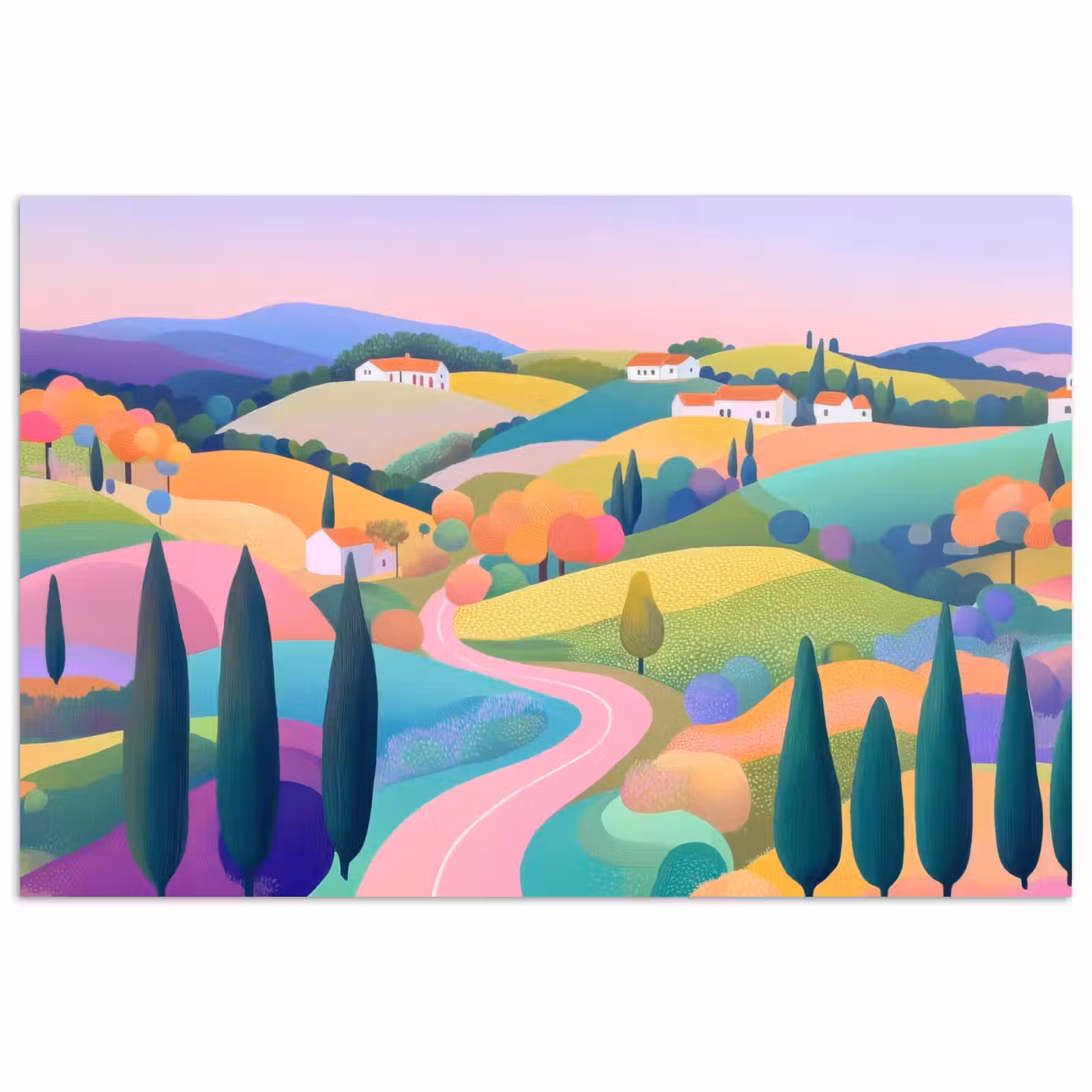 Poster - Landschap - Paars - Pastel - Huizen — 1
