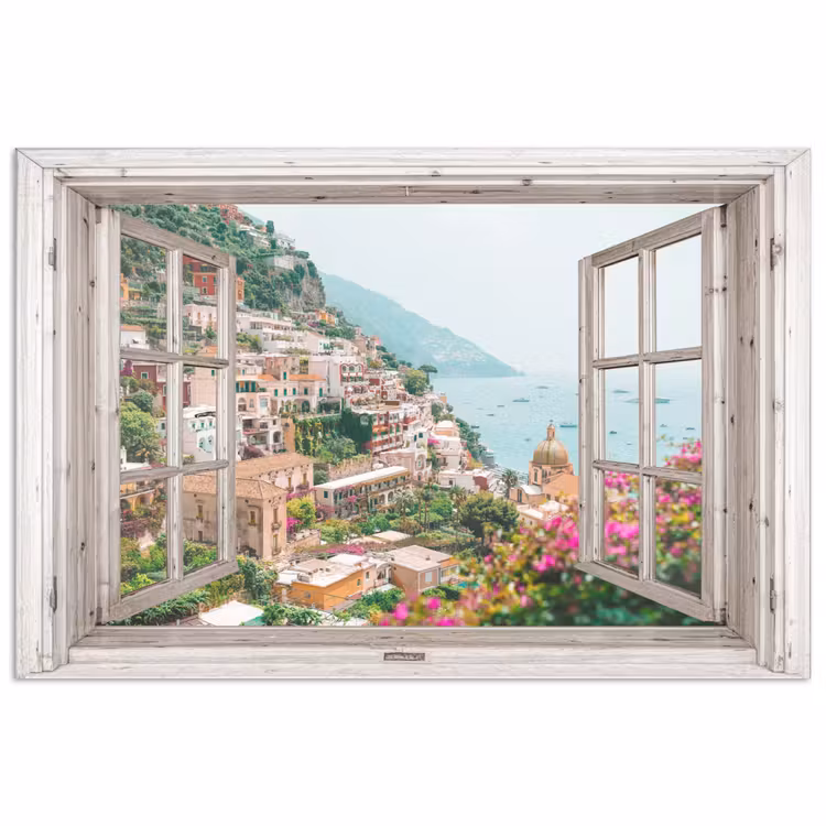 Poster - Doorkijk - Italië - Bloemen - Zee - Kust - Stad - Bergen — 1