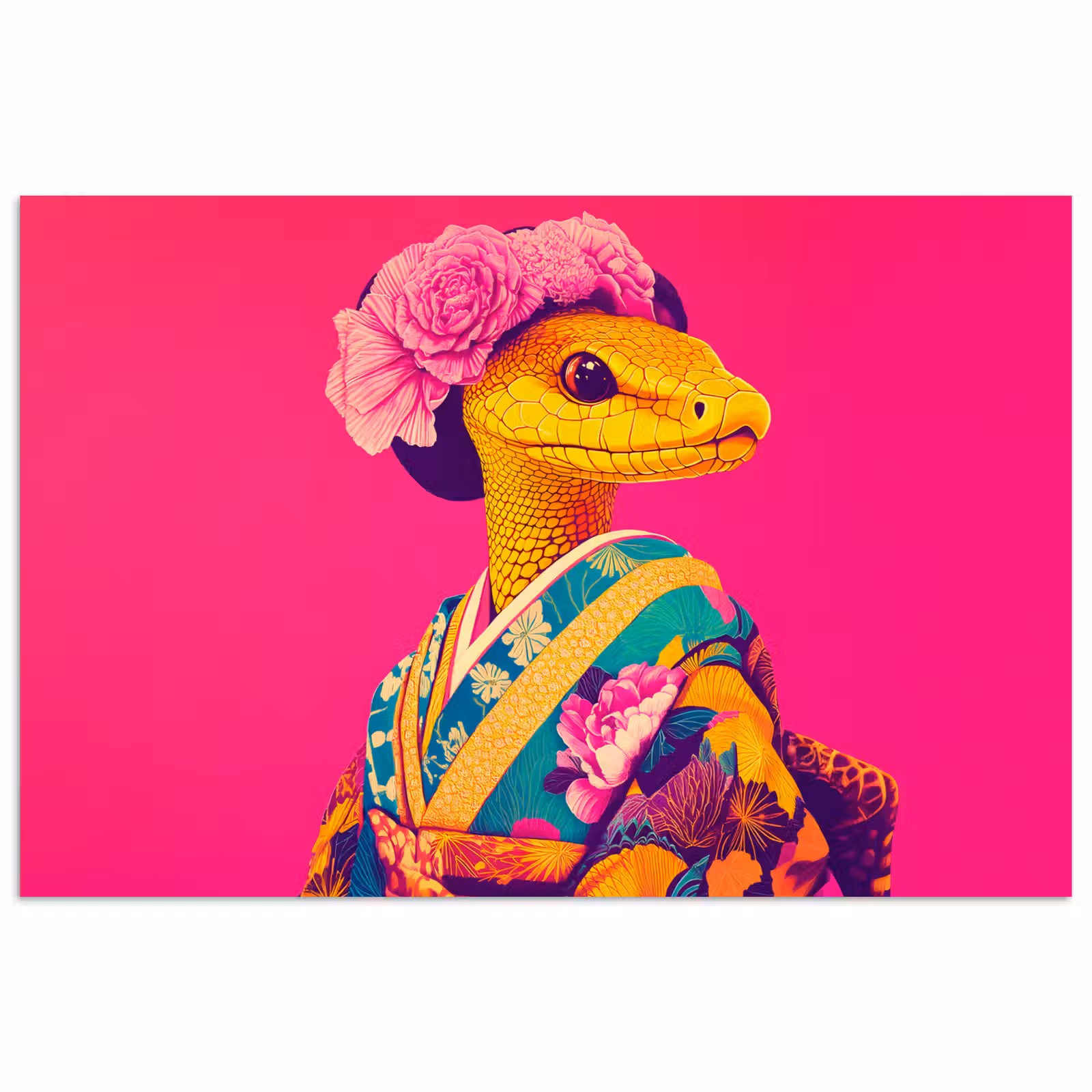 Poster - Hagedis - Bloemen - Roze - Kimono — 1