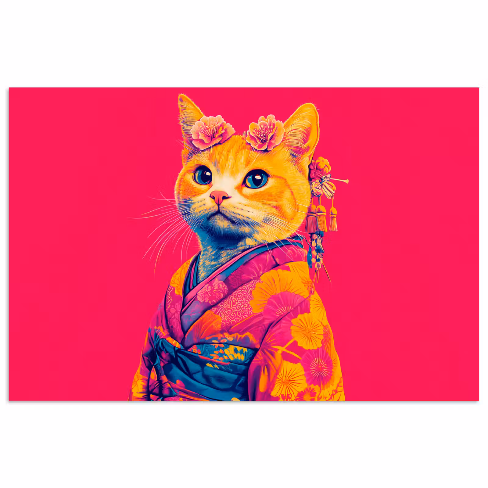 Poster - Kat - Kimono - Bloemen - Roze — 1