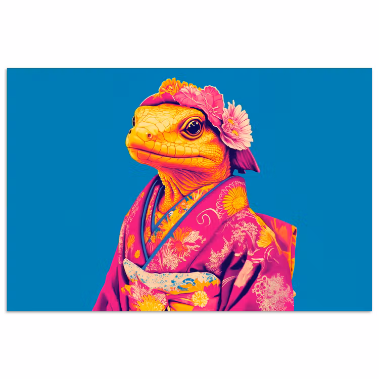 Poster - Bloemenkrans - Hagedis - Kimono - Paars — 1
