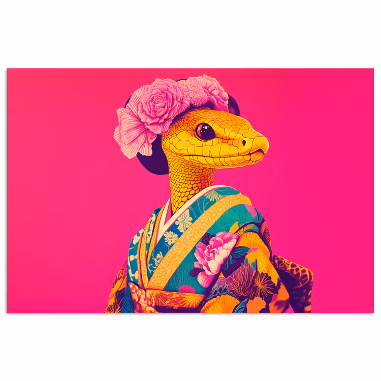 Poster - Hagedis - Bloemen - Roze - Kimono — 1