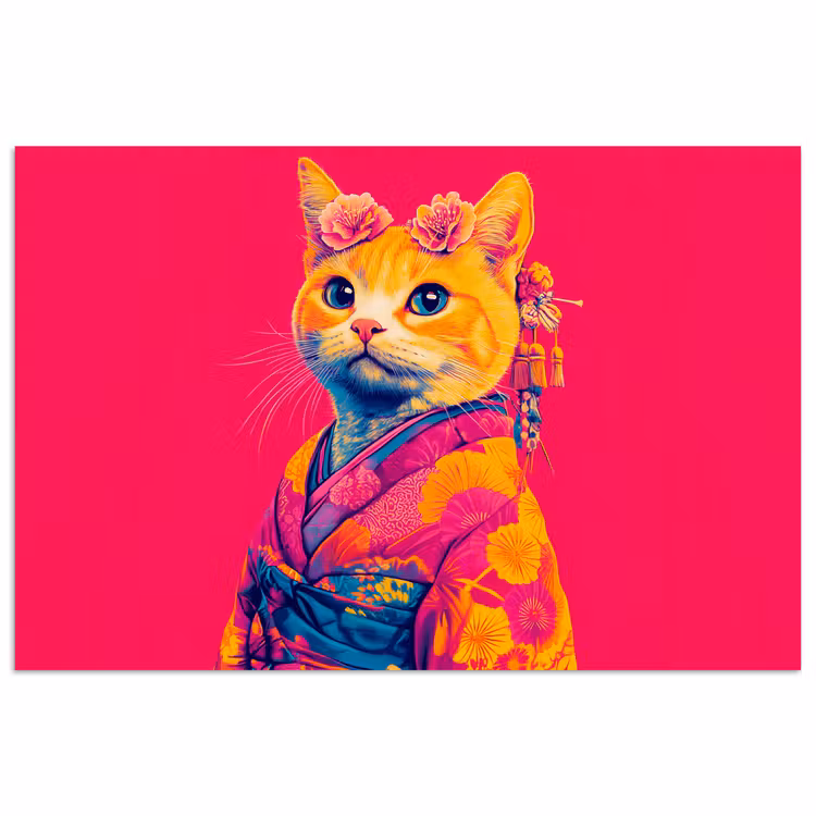 Poster - Kat - Kimono - Bloemen - Roze — 1