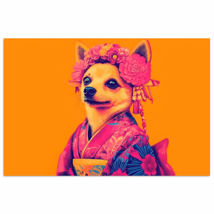 Poster - Kimono - Hondje - Bloemenkroon - Oranje — 1