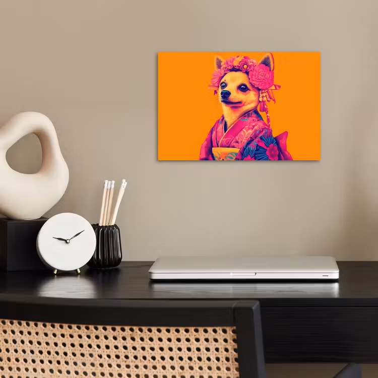 Poster - Kimono - Hondje - Bloemenkroon - Oranje — 2