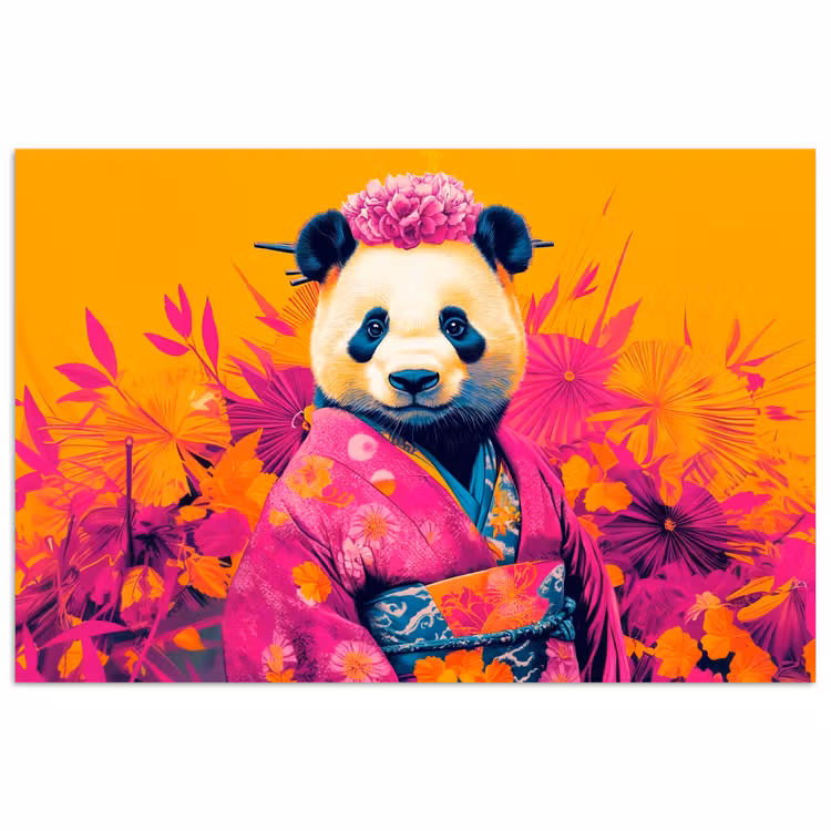 Poster - Kimono - Roze - Panda - Bloemenkroon — 1