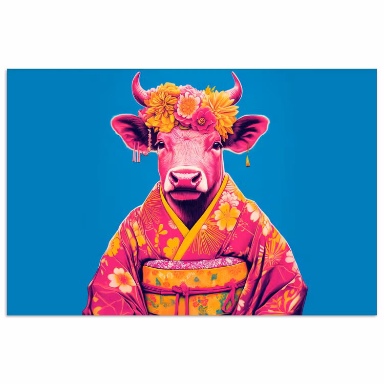 Poster - Koe - Bloemenkrans - Oorhangers - Kimono — 1