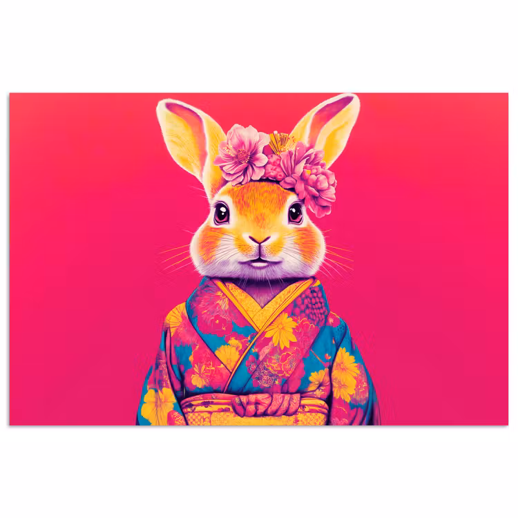 Poster - Konijn - Bloemen - Kleurrijk - Kimono — 1