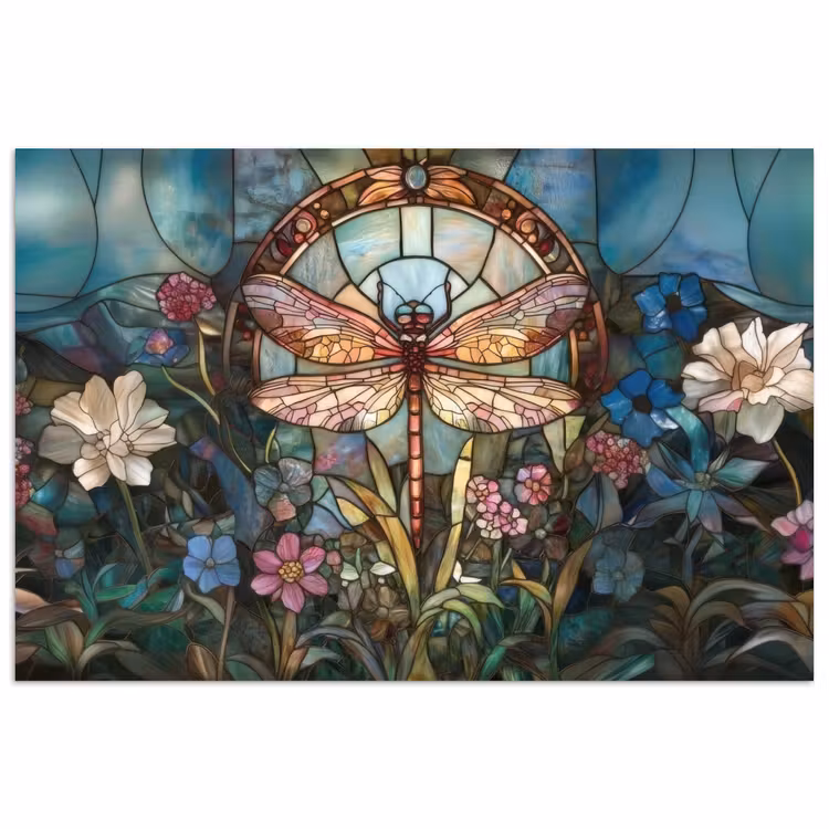 Poster - Libelle - Mozaïek - Bloemen - Kleurrijk — 1