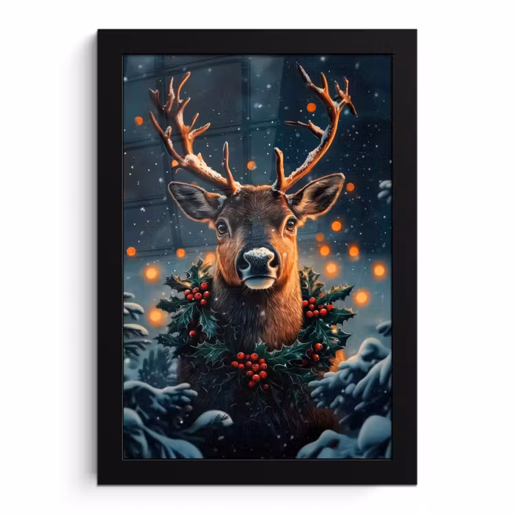 Poster met lijst - Hert - Kerst - Winter - Sneeuw - Kerstkrans — 1