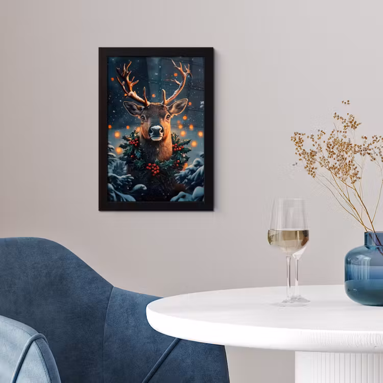 Poster met lijst - Hert - Kerst - Winter - Sneeuw - Kerstkrans — 2