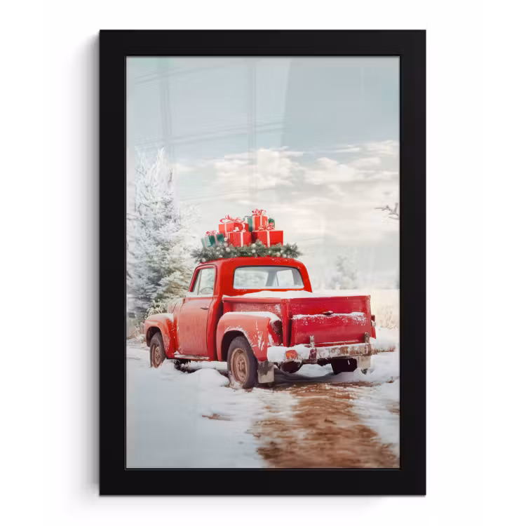 Poster met lijst - Auto - Rood - Cadeaus - Winter - Sneeuw - Kerst — 1