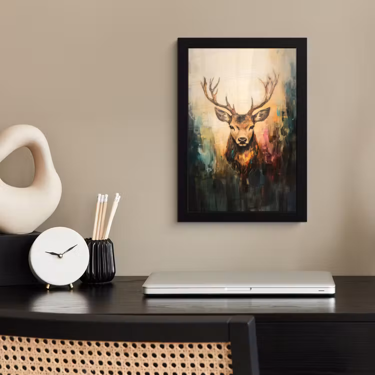 Poster met lijst - Hert - Geverfd - Gewei - Bruin — 3