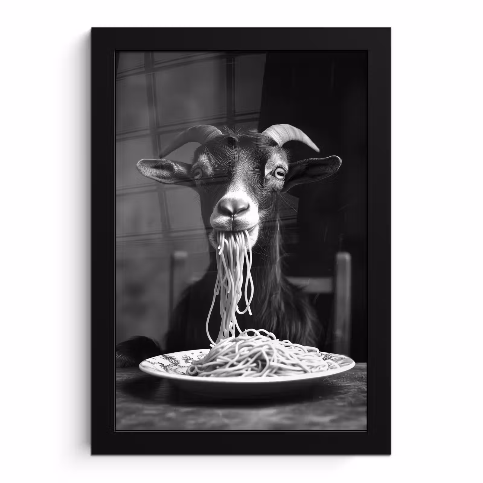 Poster met lijst - Geit - Bord - Spaghetti - Zwart Wit — 1