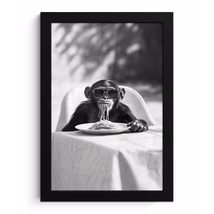 Poster met lijst - Aap - Spaghetti - Zonnebril - Zwart wit - Cool - Dier — 1