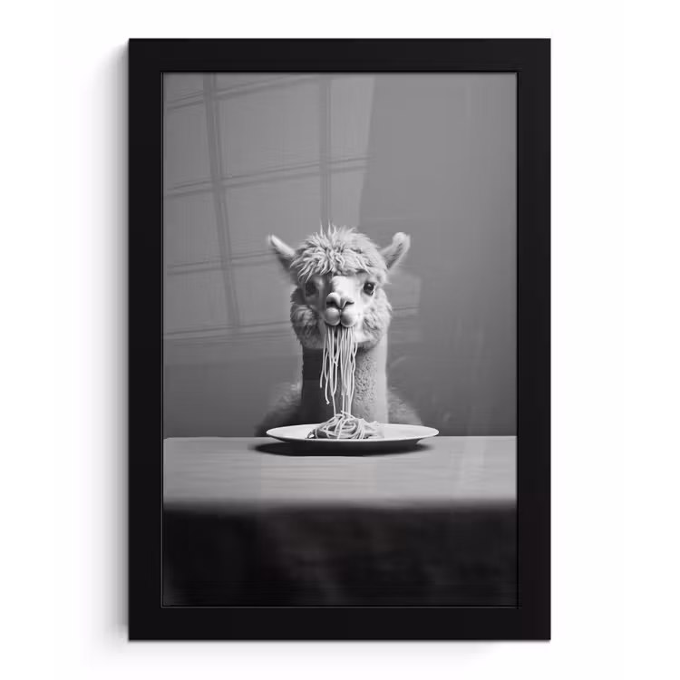 Poster met lijst - Alpaca - Pasta - Zwart - Wit - Grappig - Dieren — 1