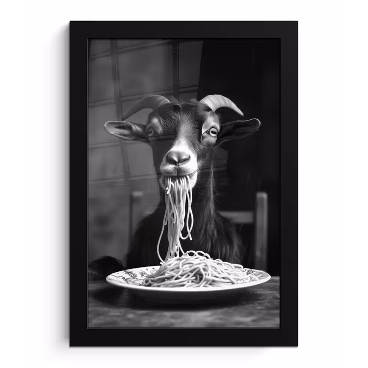 Poster met lijst - Geit - Bord - Spaghetti - Zwart Wit — 1