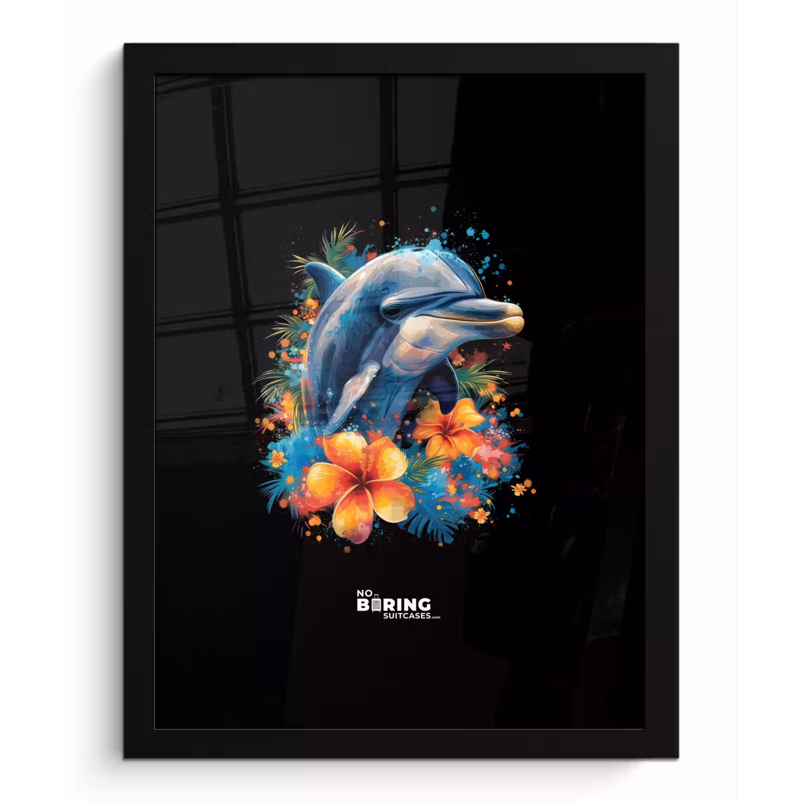 Poster met lijst - Dolfijn te midden van graffiti bloemen — 1