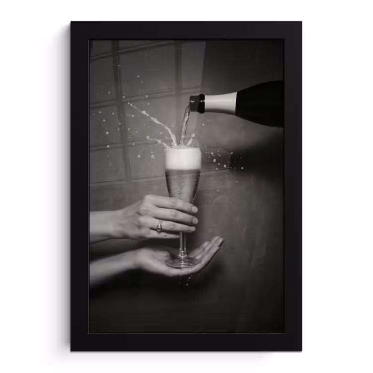 Poster met lijst - Champagnefles - Glas - Minimalistisch - Spetters — 1