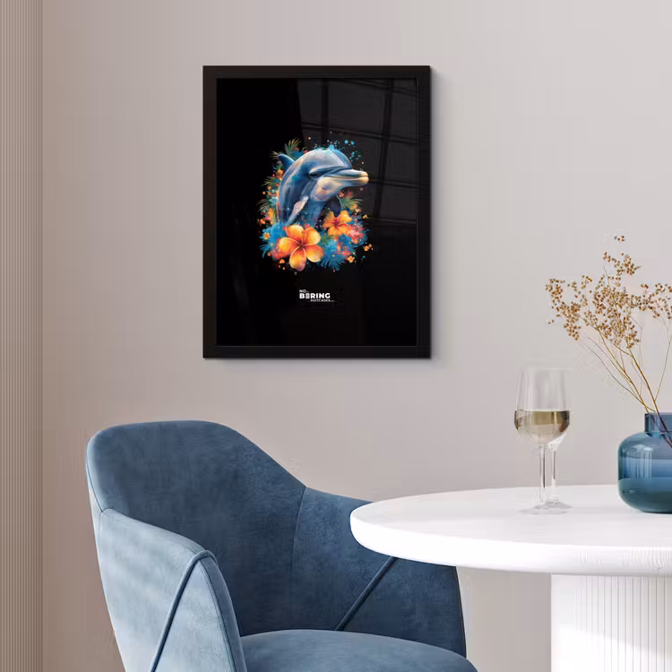Poster met lijst - Dolfijn te midden van graffiti bloemen — 2