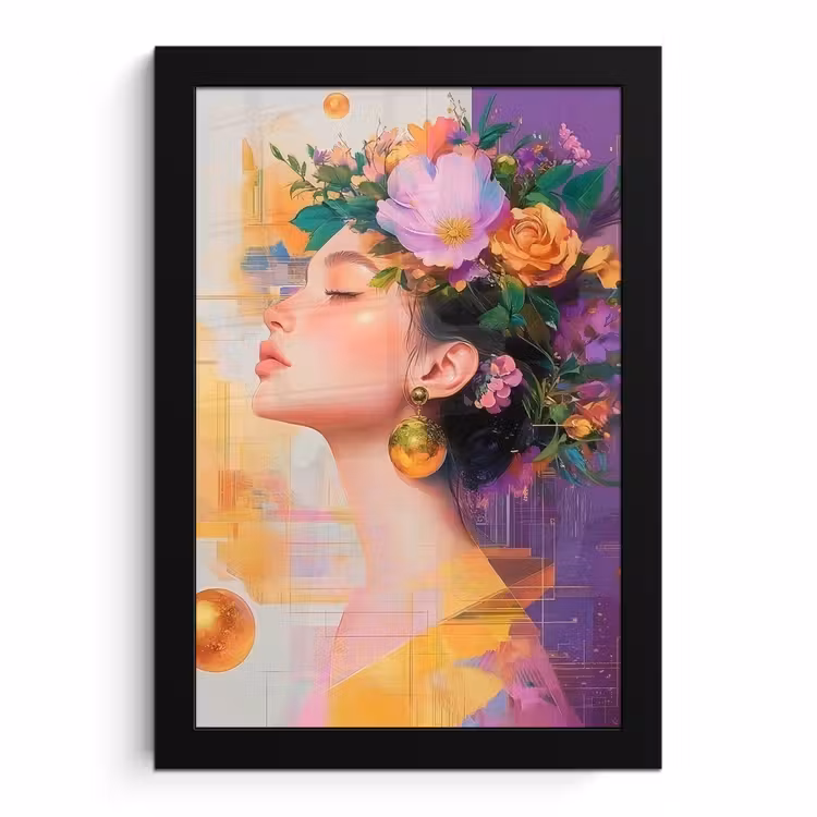 Poster met lijst - Abstract - Vrouw - Bloemenkroon - Goud — 1