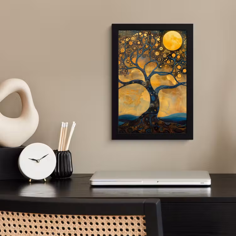 Poster met lijst - Boom - Maan - Bloemen - Goud - Kunst — 3