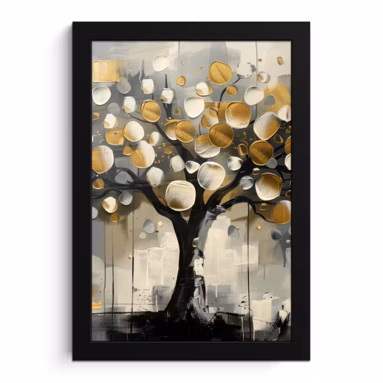 Poster met lijst - Boom - Abstract - Beige - Goud - Zwart — 1