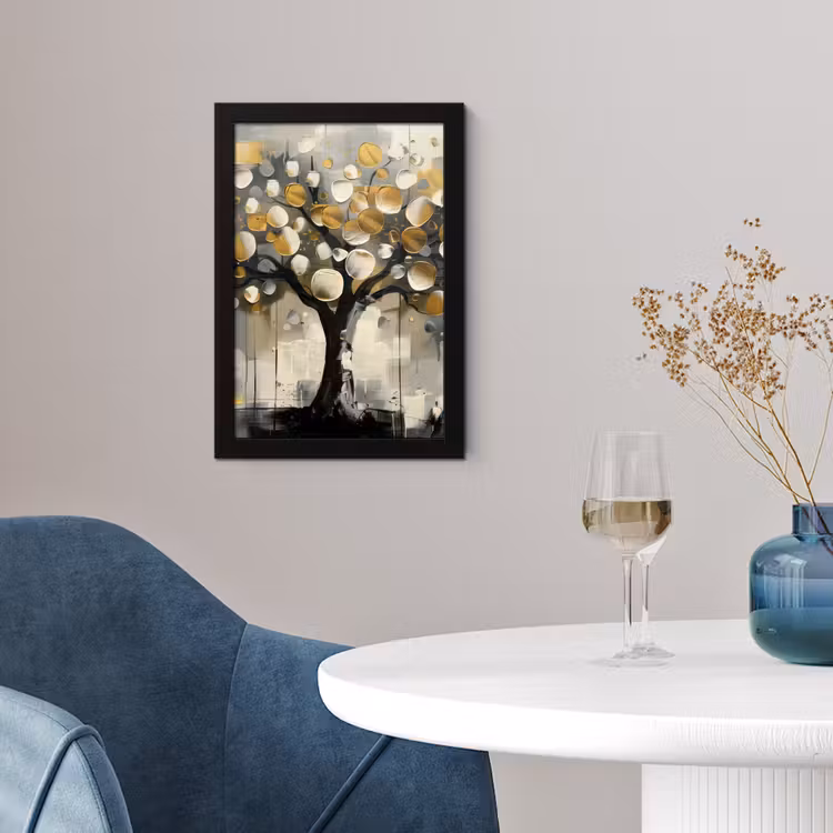Poster met lijst - Boom - Abstract - Beige - Goud - Zwart — 2