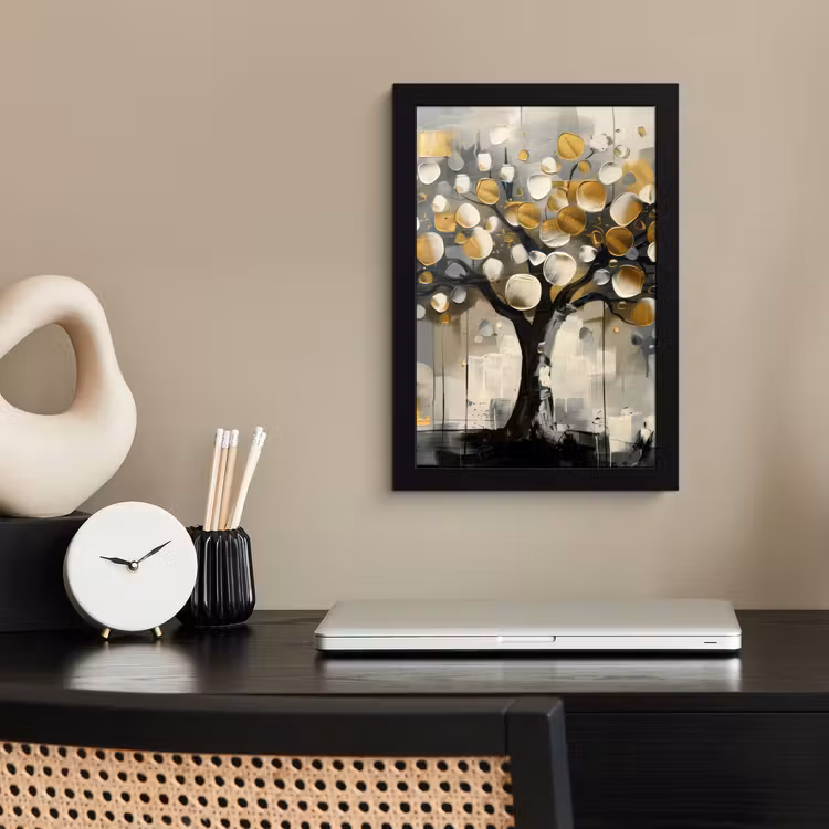 Poster met lijst - Boom - Abstract - Beige - Goud - Zwart — 3