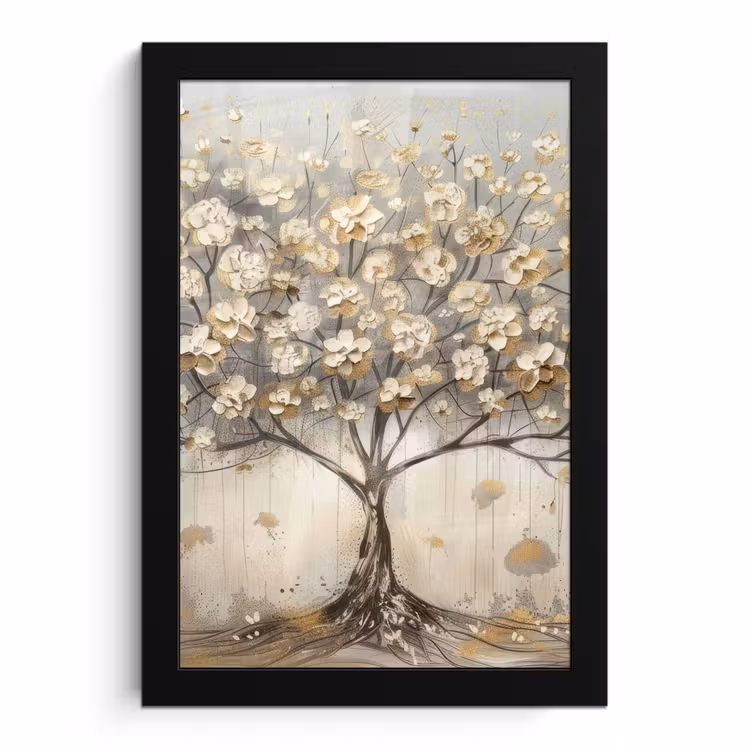 Poster met lijst - Boom - Beige - Goud - Verflook - Grijs — 1