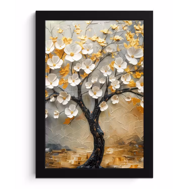 Poster met lijst - Boom - Bloemen - Goud - Beige — 1