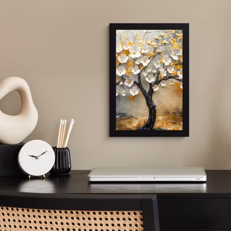 Poster met lijst - Boom - Bloemen - Goud - Beige — 3