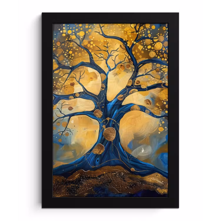 Poster met lijst - Boom - Levensboom - Blauw - Goud — 1