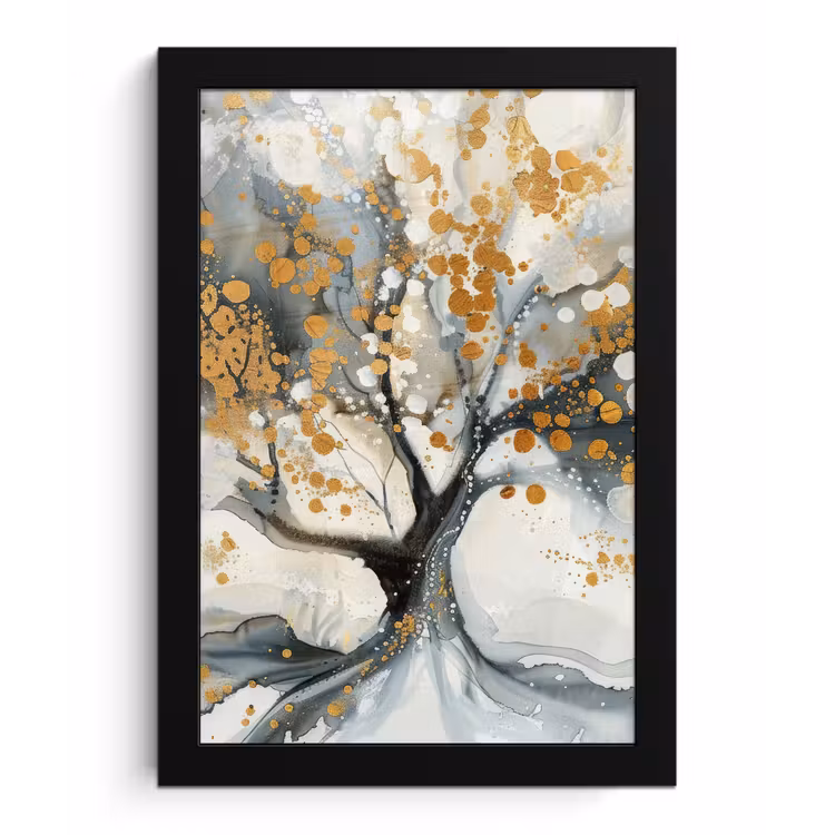 Poster met lijst - Boom - Modern - Abstract - Goud - Zwart - Wit — 1