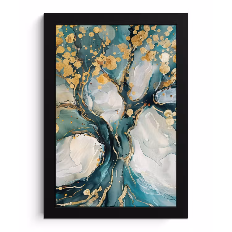 Poster met lijst - Boom - Modern - Verflook - Turquoise - Goud — 1