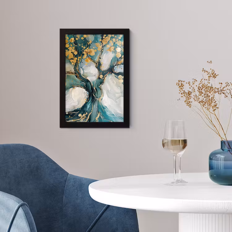 Poster met lijst - Boom - Modern - Verflook - Turquoise - Goud — 2