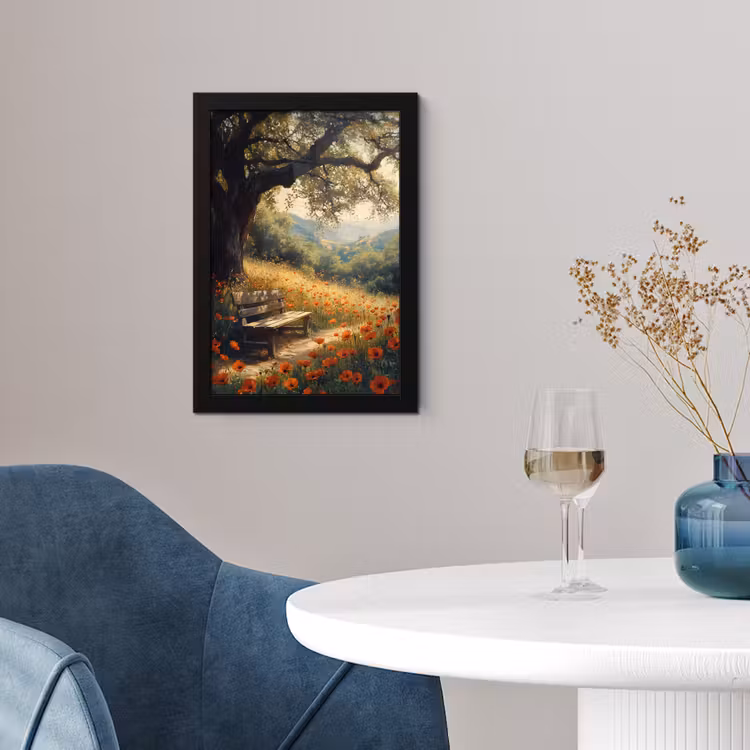Poster met lijst - Bankje - Boom - Klaprozen - Heuvels — 2