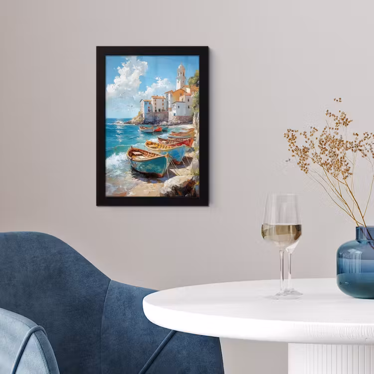 Poster met lijst - Boten - Rotsen - Zee - Zon — 2