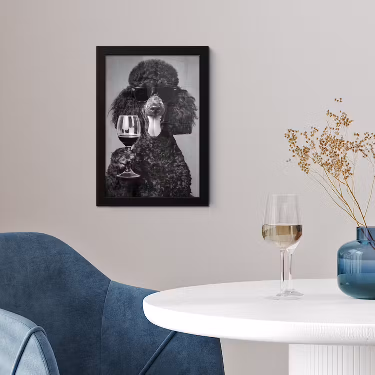 Poster met lijst - Hond - Krullen - Zonnebril - Wijn — 2