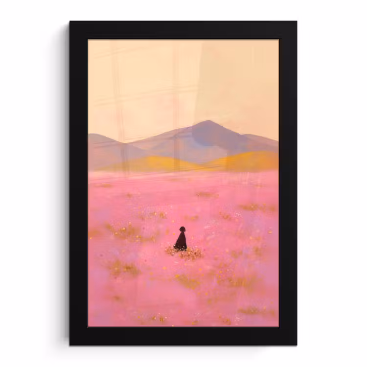 Poster met lijst - Bloemenweide - Heuvels - Silhouet - Roze — 1