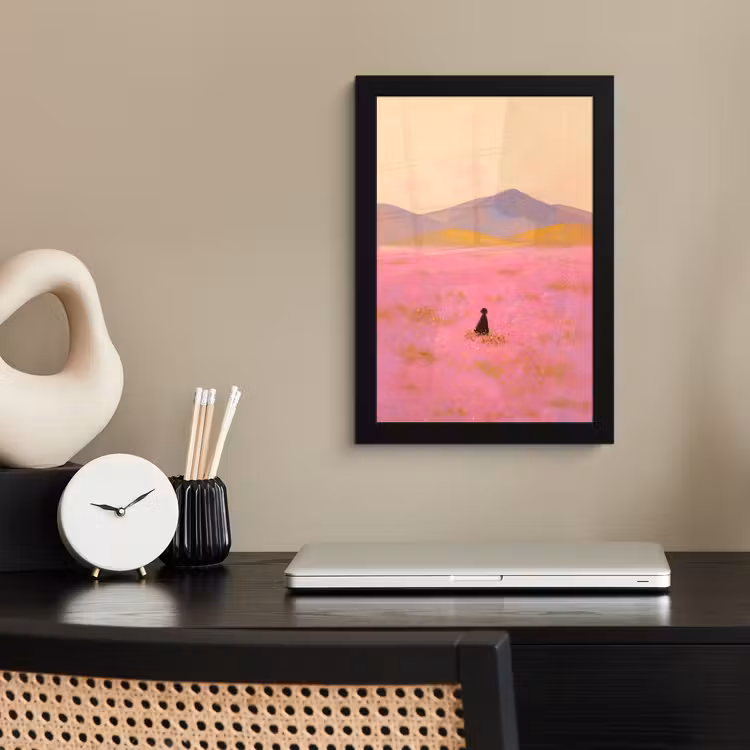 Poster met lijst - Bloemenweide - Heuvels - Silhouet - Roze — 3
