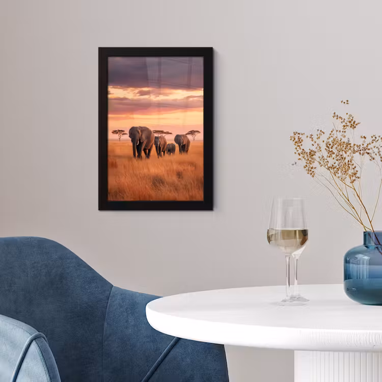 Poster met lijst - Groep olifanten - Open vlakte - Zon — 2