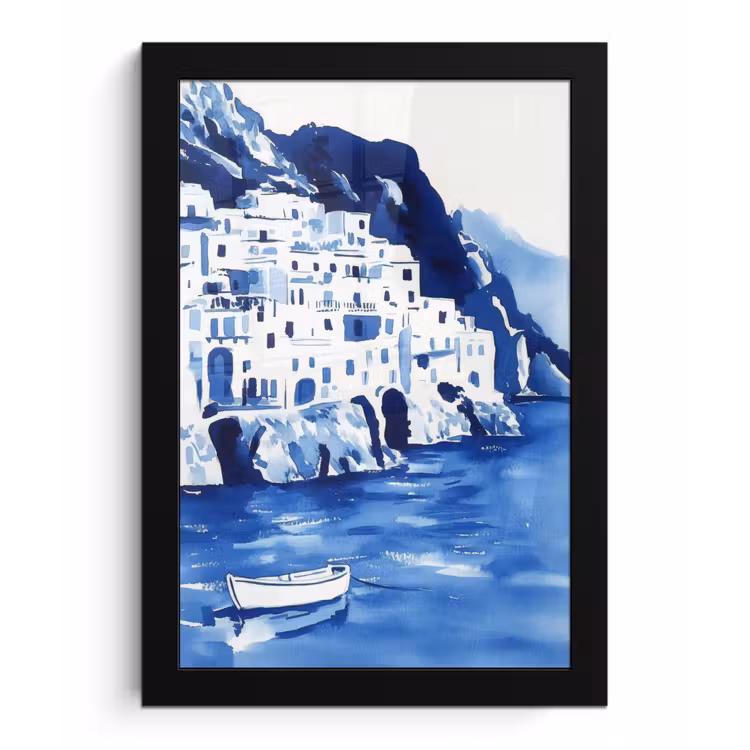Poster met lijst - Dorp - Rotswand - Roeiboot - Water — 1