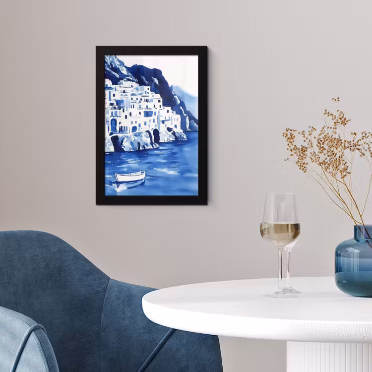 Poster met lijst - Dorp - Rotswand - Roeiboot - Water — 2