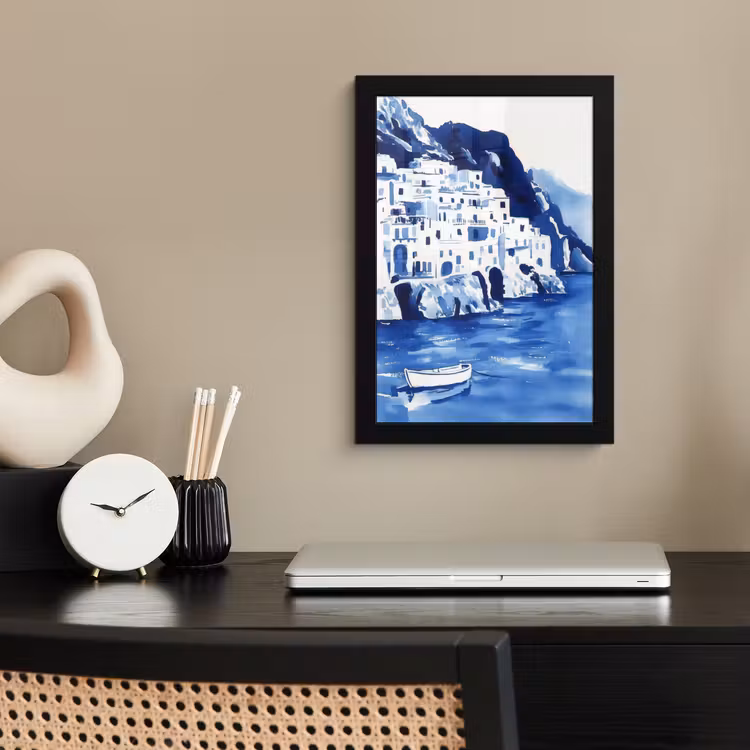 Poster met lijst - Dorp - Rotswand - Roeiboot - Water — 3