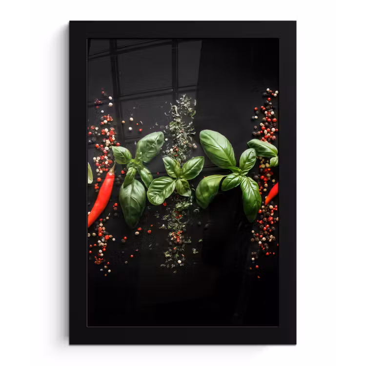 Poster met lijst - Chilipepers - Basilicum - Blaadjes - Rood — 1