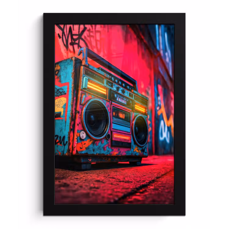 Poster met lijst - Boombox - Rood - Graffiti - Neon — 1