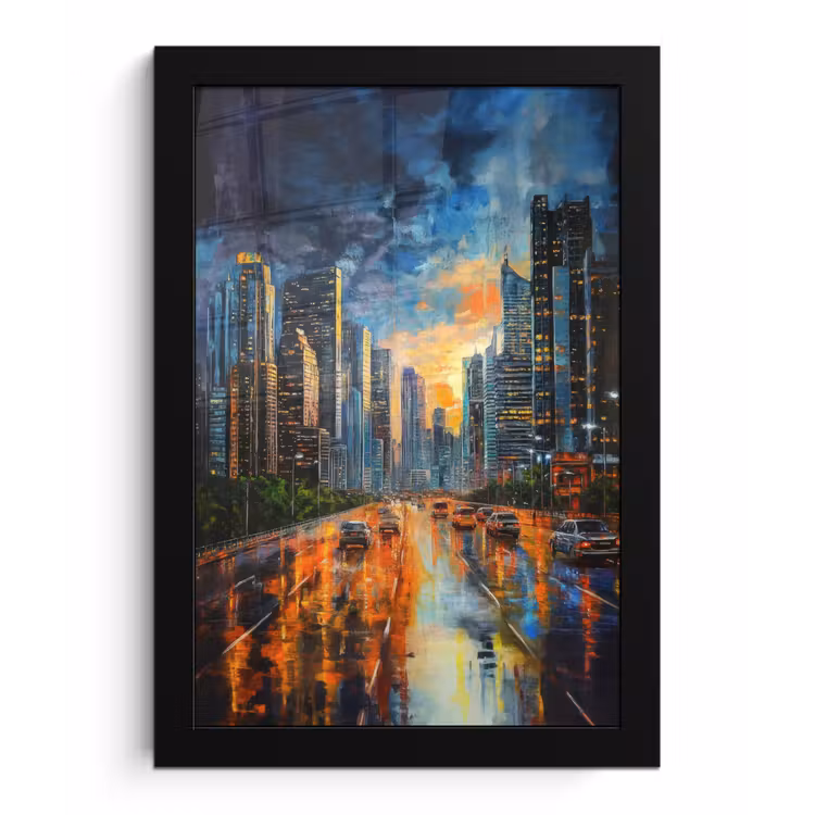 Poster met lijst - Auto - Skyline - Zon - Blauw — 1